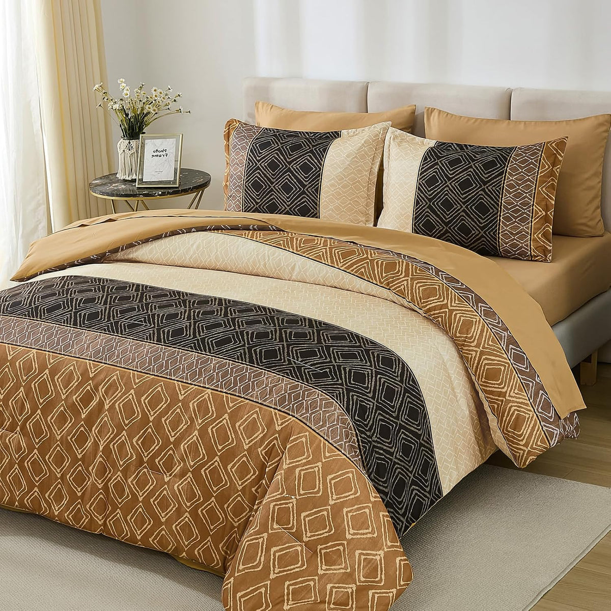 dinjoy full size comforter sets boho,brown striped bedding, main product view