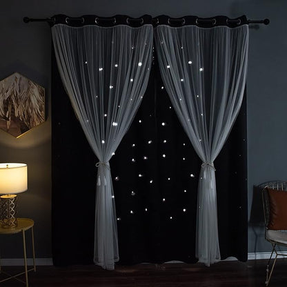 Kinryb Black Star Cutout Blackout Curtains Double Layer Curtains - Image 3