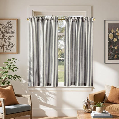 jinchan Striped Linen Kitchen Curtains 45 Inches Tier Curtains Farmhouse Modern by JINCHAN
