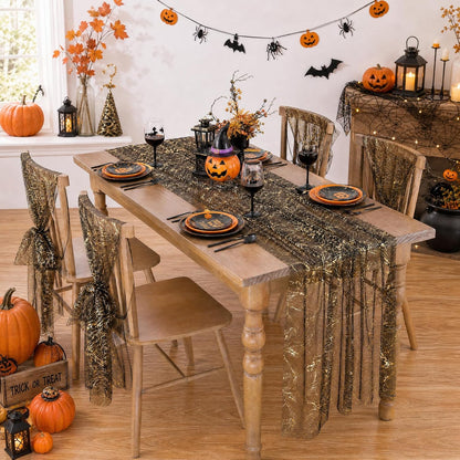 Halloween Black Table Runner Gold Party Decorations 10ft 3pcs Gauze Tulle