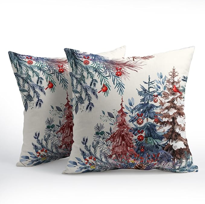 Christmas Tree Throw Pillow Covers 24x24 Inch Set of 2 Winter Watercolor Pine - Image 2
