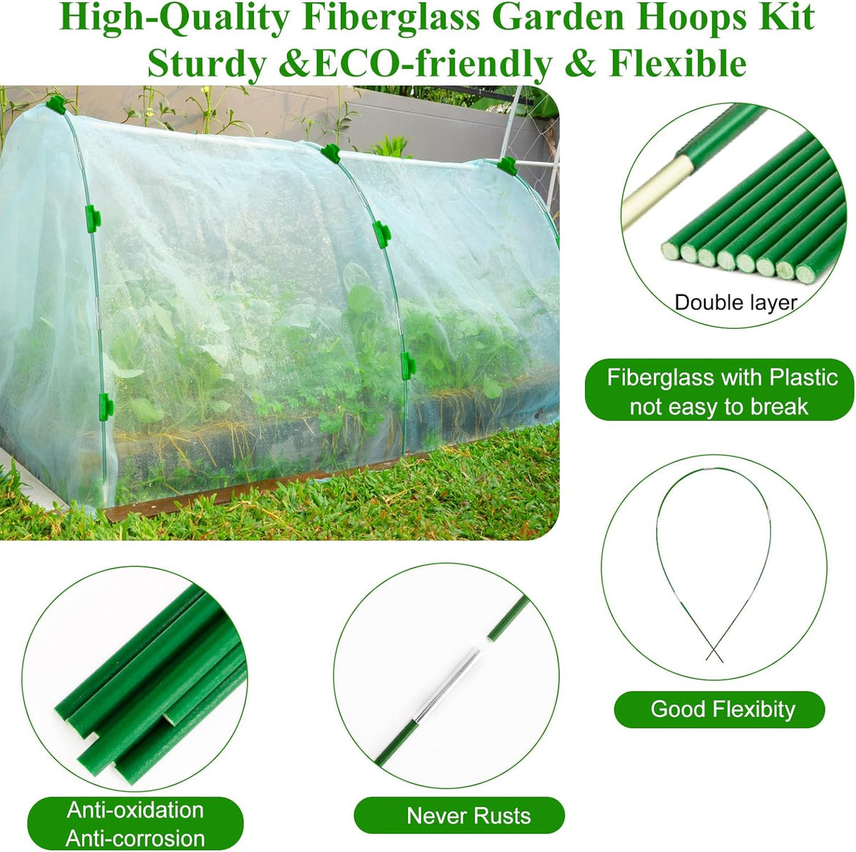 greenhouse hoops grow tunnel wide, 8ft rust-free fiberglass, side view