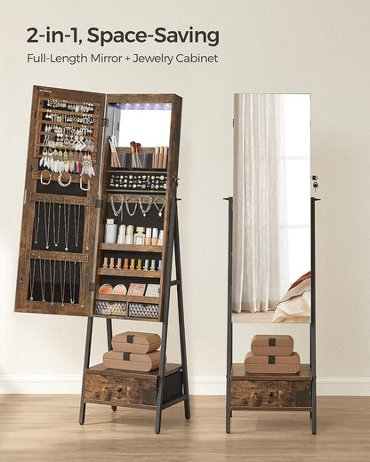songmics led mirror jewelry cabinet armoire, freestanding lockable, close-up detail