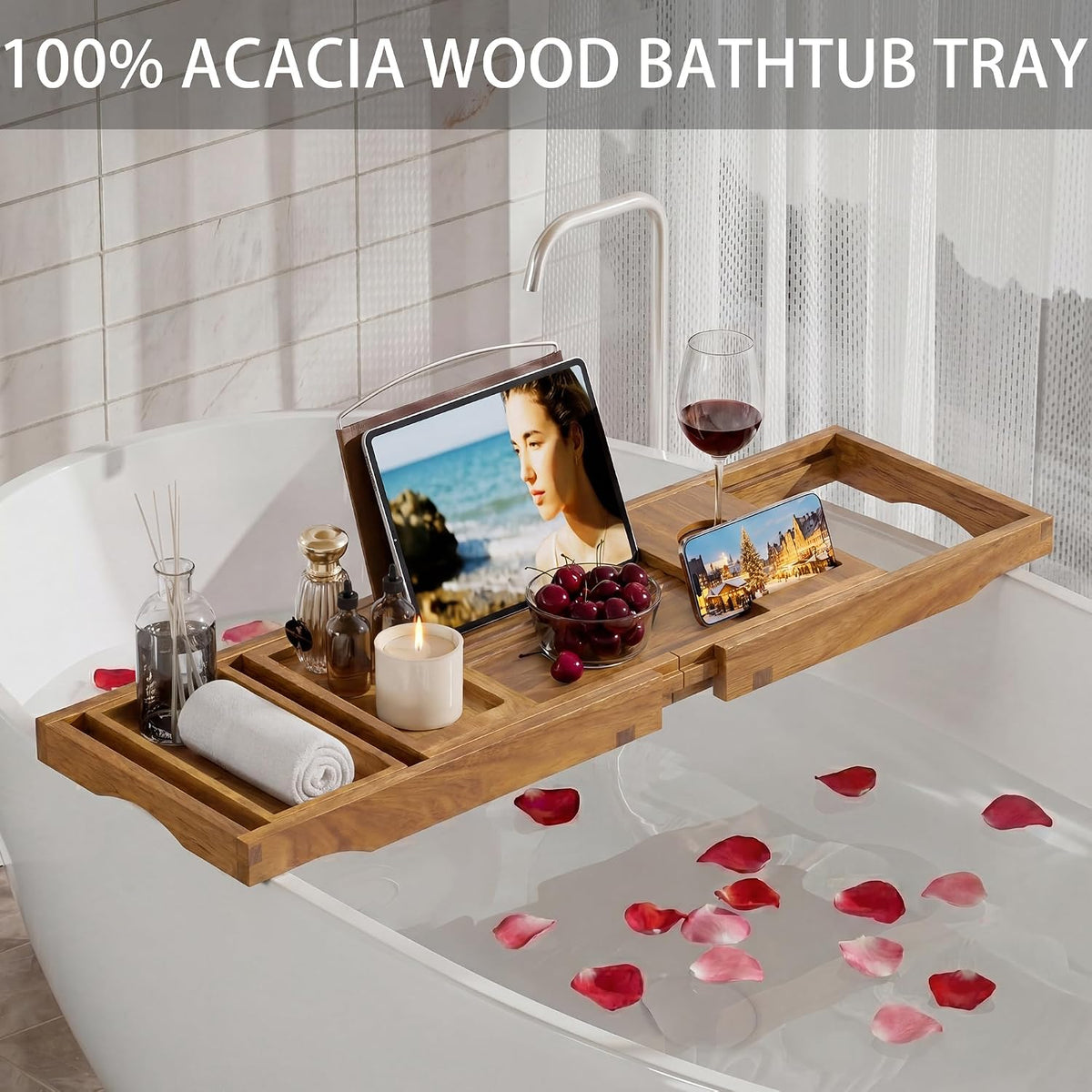 bathtub tray caddy, expandable acacia wood bath tray shown in use