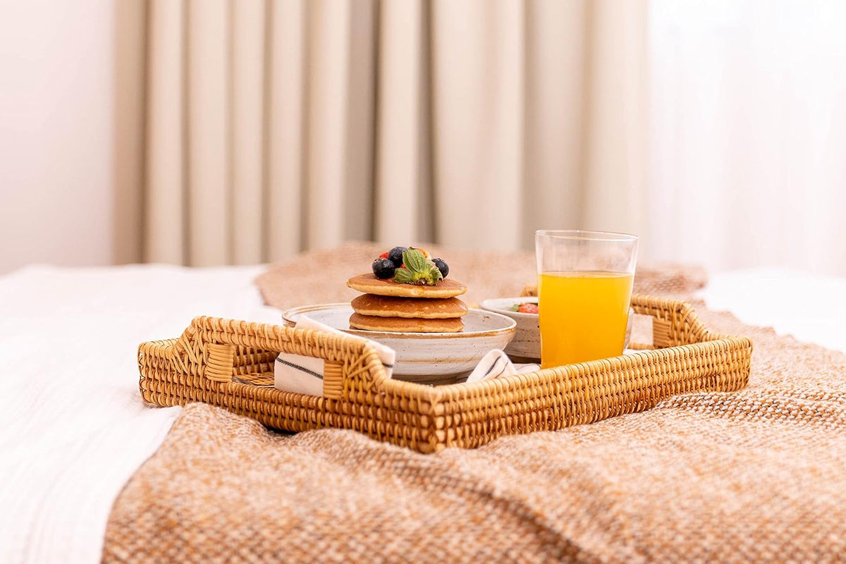 yangqihome 14.6" handwoven rattan serving tray with handles shown in use