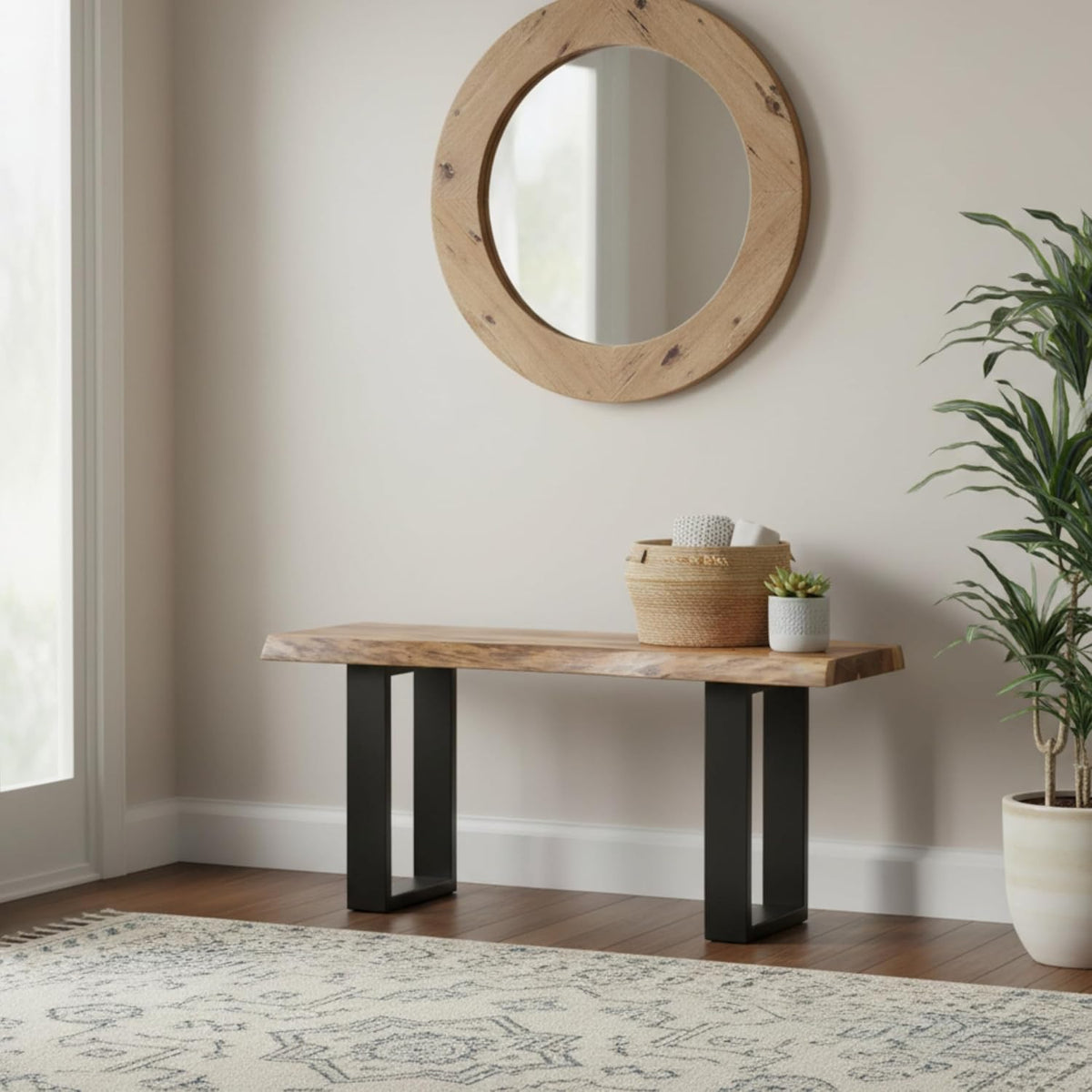 alaterre alpine live edge solid wood rustic entryway shown in use