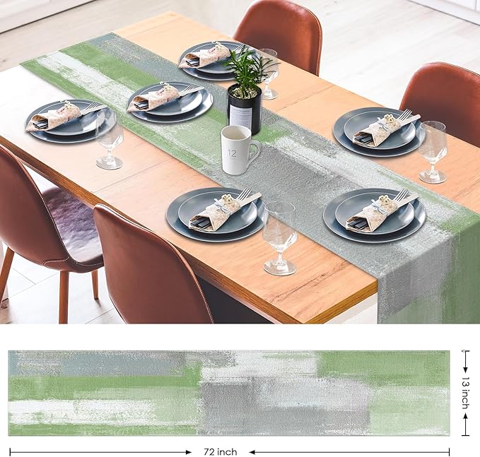 Emvency Farmhouse Table Runner, Vintage Green and Grey Abstract Art Painting - Image 3