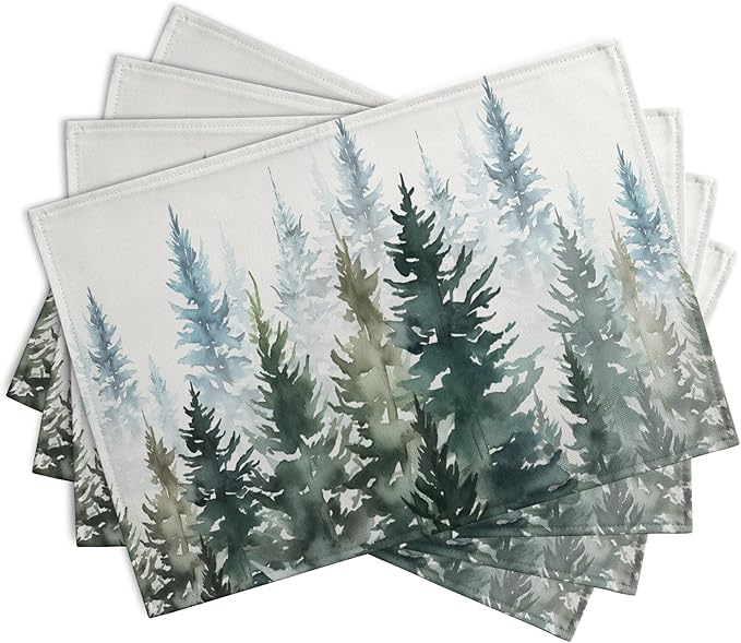 Watercolor Dark Green Tree Table Mats Set of 4 Rustic Nature Forest Pine Tree - Image 2