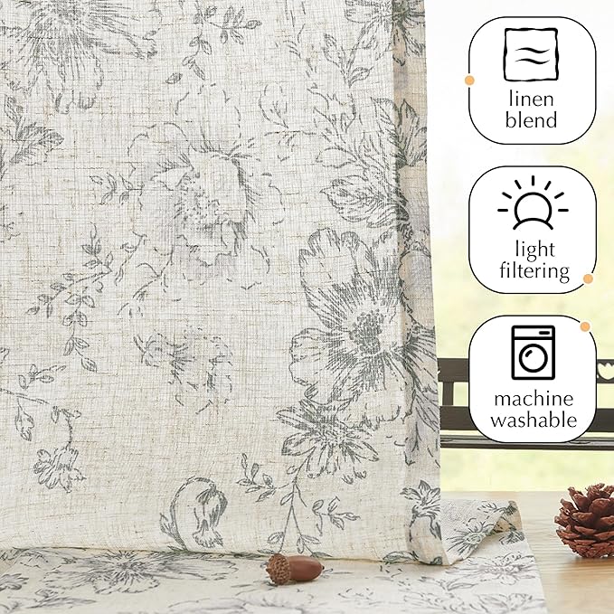 jinchan Floral Linen Tier Curtains Grey Flower on Beige Cafe Curtains 36 Inch - Image 5