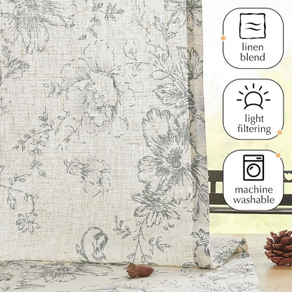 jinchan Floral Linen Tier Curtains Grey Flower on Beige Cafe Curtains 36 Inch - Image 5