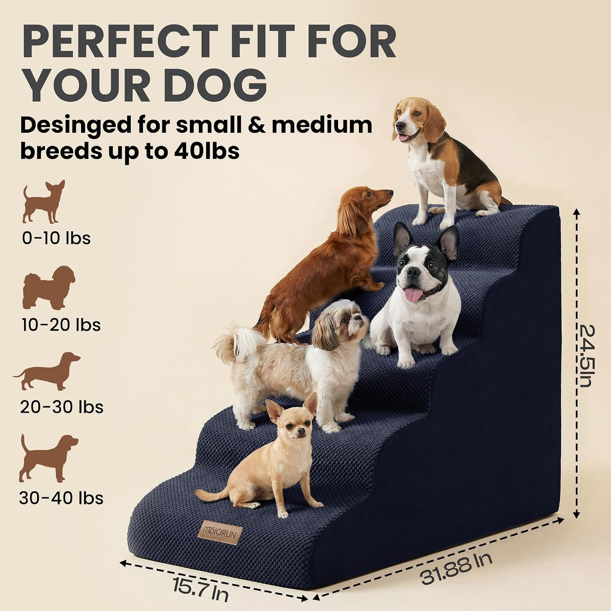 miorun dog stairs for high beds, 24.5" foam, front angle view