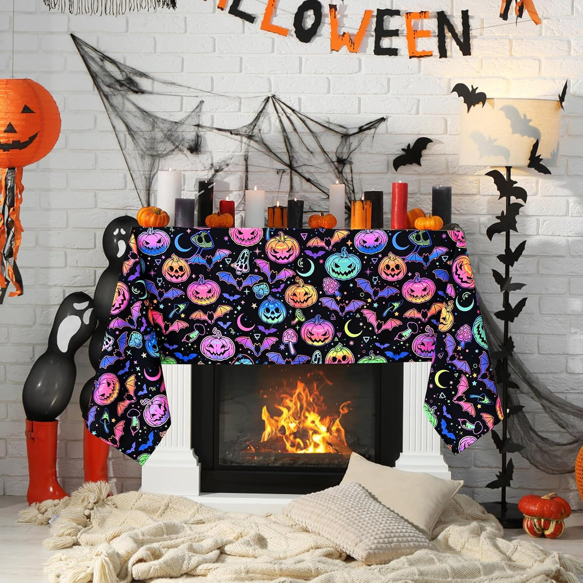 ASPMIZ Halloween Tablecloth Rectangle Table, Waterproof Blacklight Spooky Pumpkin Table Cloth, Washable Polyester UV Reactive Table Cloth Wrinkle-Free Table Cover for Halloween Decorations, 60" x 104"