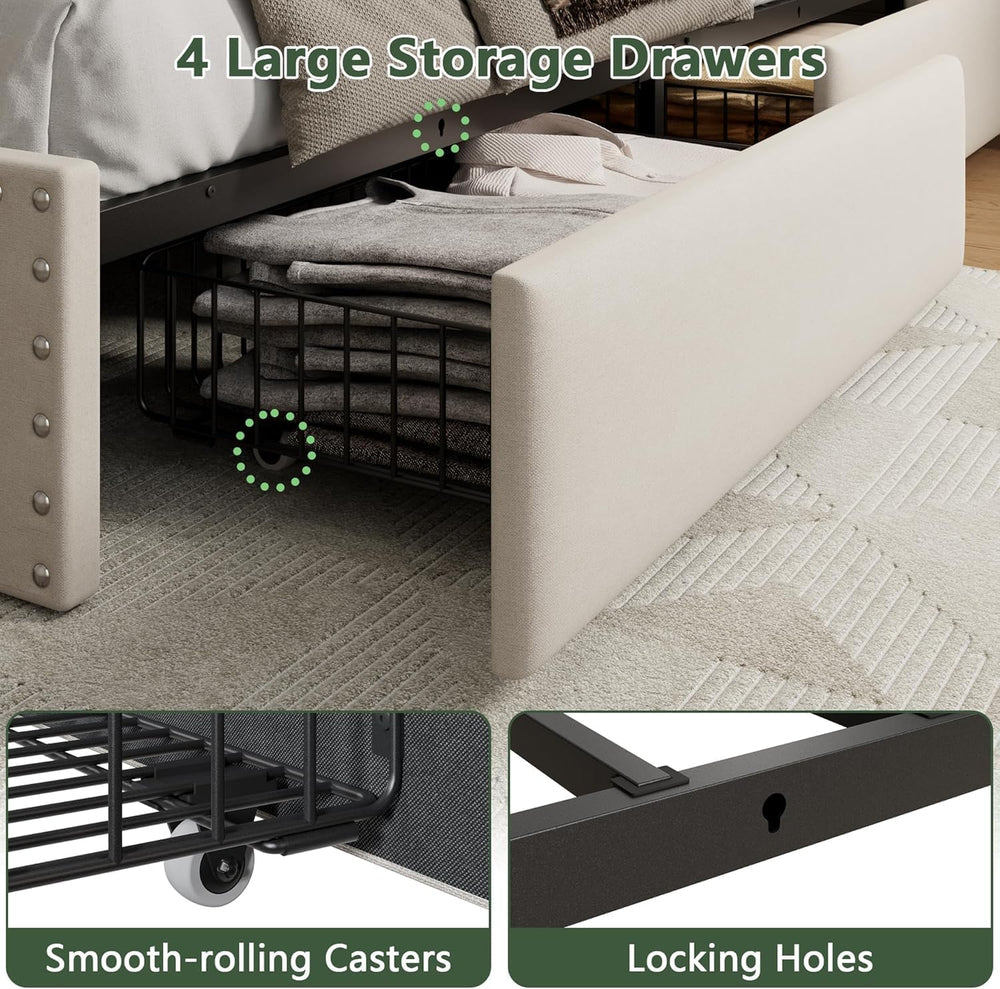 Forestell King Size Bed Frame with Headboard & 4 Storage Drawers, Beige
