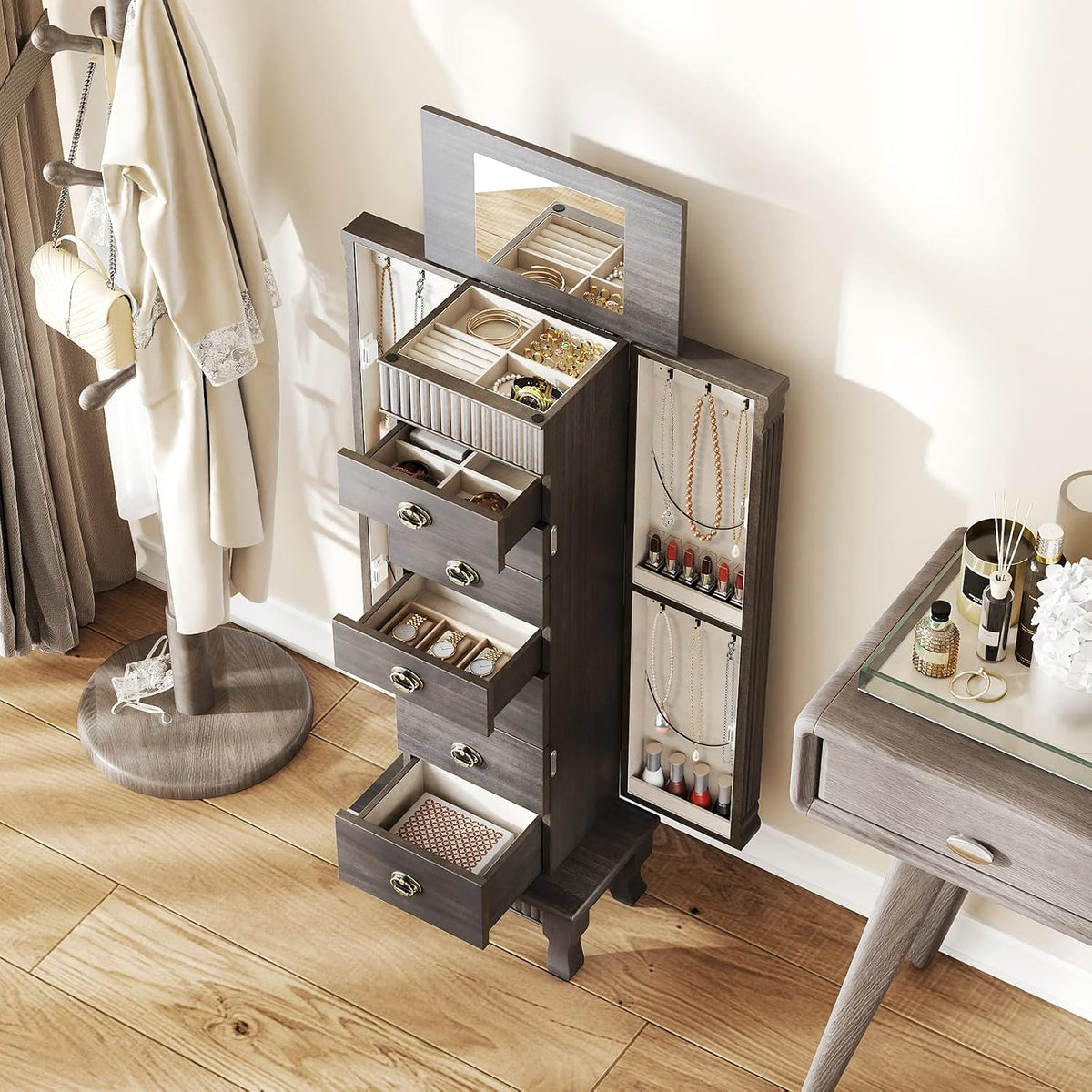 giantex standing jewelry cabinet, 7 drawers, flip mirror, close-up detail