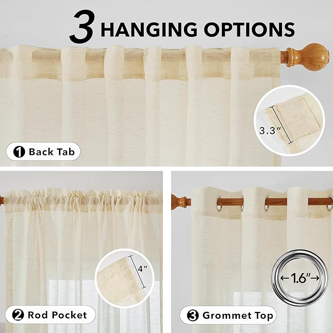 Deconovo Faux Linen Back Tab Curtains, Semi Sheer 52x95 Inch Long Panels - Image 4