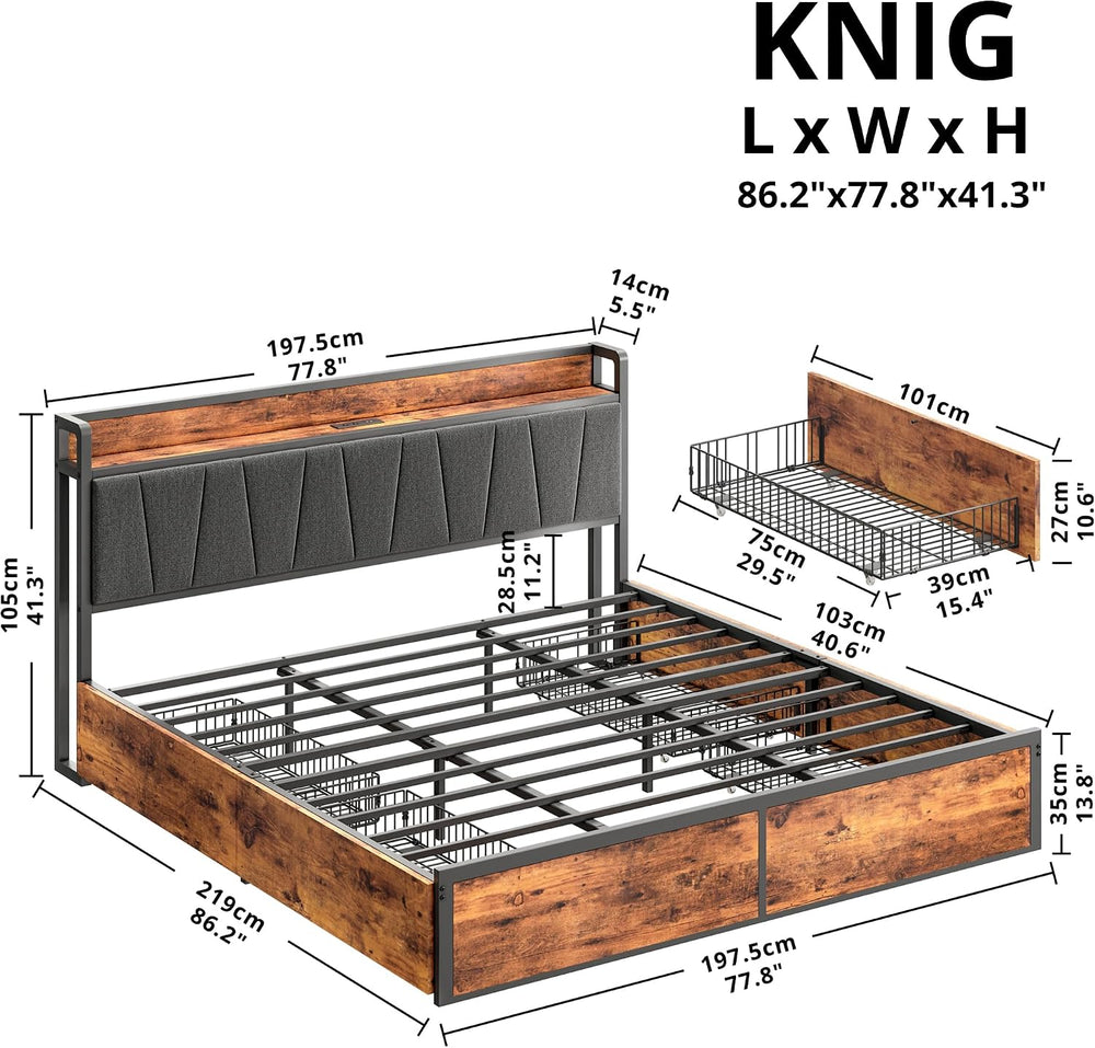 LIKIMIO King Size Bed Frame with 4 Storage Drawers and Charged Headboard