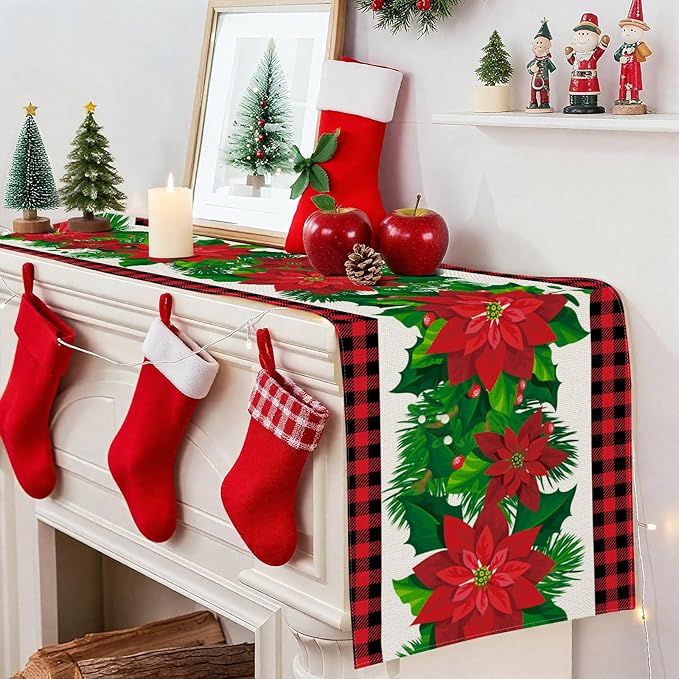 OTOSTAR Black and Red Buffalo Check Plaid Holly Christmas Flowers Table Runner - Image 4