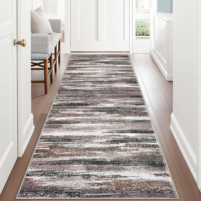 Modern Abstract Runner Rug 3x8, Dark Light Brown White Washable Kitchen Runner by lansny