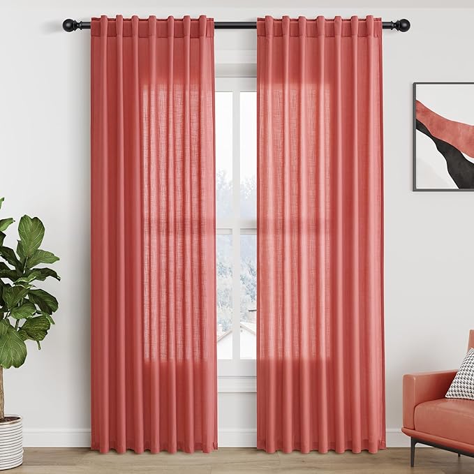Nanspring Linen Curtains 84 Inch Length 2 Panels Set, Watermelon Red by Nanspring