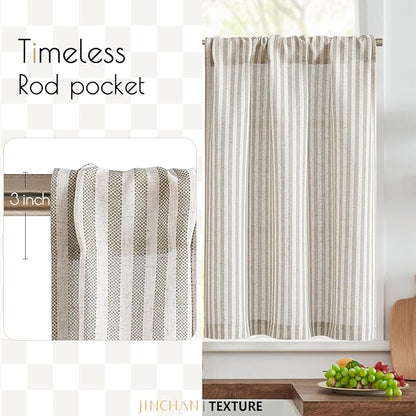 jinchan Striped Linen Kitchen Curtains 30 Inches Tier Curtains Farmhouse Modern - Image 3