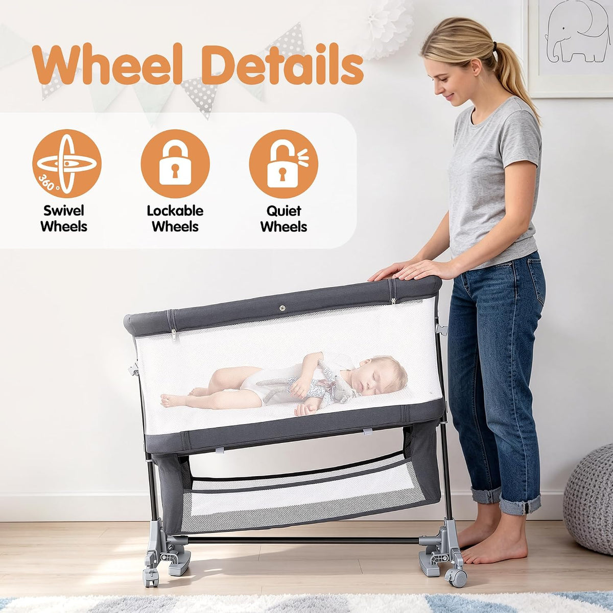 4 in 1 bassinet bedside sleeper with rocking showing dimensions