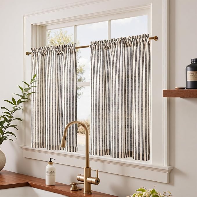 jinchan Striped Linen Kitchen Curtains 36 Inches Length Tier Curtains Farmhouse - Image 2