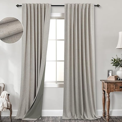 KOUFALL Taupe Back Tab Linen Blackout Curtains by KOUFALL