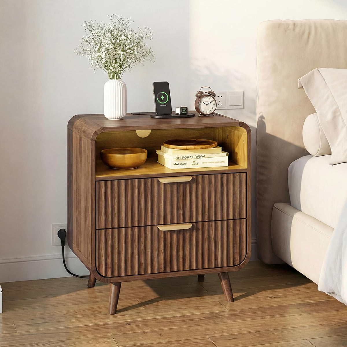 24" curved nightstand with charging station & led, main product view