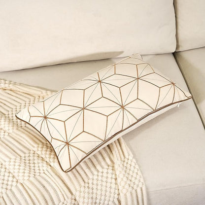 Aeckself 12 x 20 Inch White Gold Plaid Geometric Lines Embroidery Velvet - Image 3