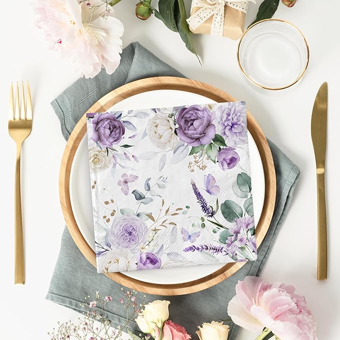 Generic 100Pcs Purple Flower Butterfly Paper Napkins Watercolor Lavender Floral - Image 5