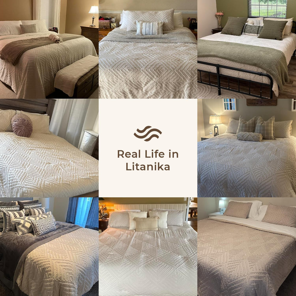 Litanika Queen Size Comforter Set, 3 Pieces Beige Tufted Boho Bedding Set