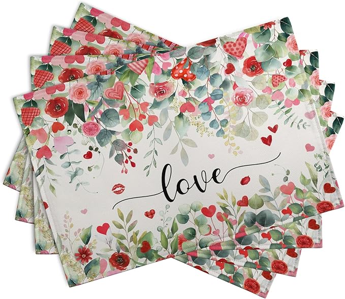 Valentines Day Love Heart Rose Placemats Set of 4 Valentine Eucalyptus Leaves - Image 7