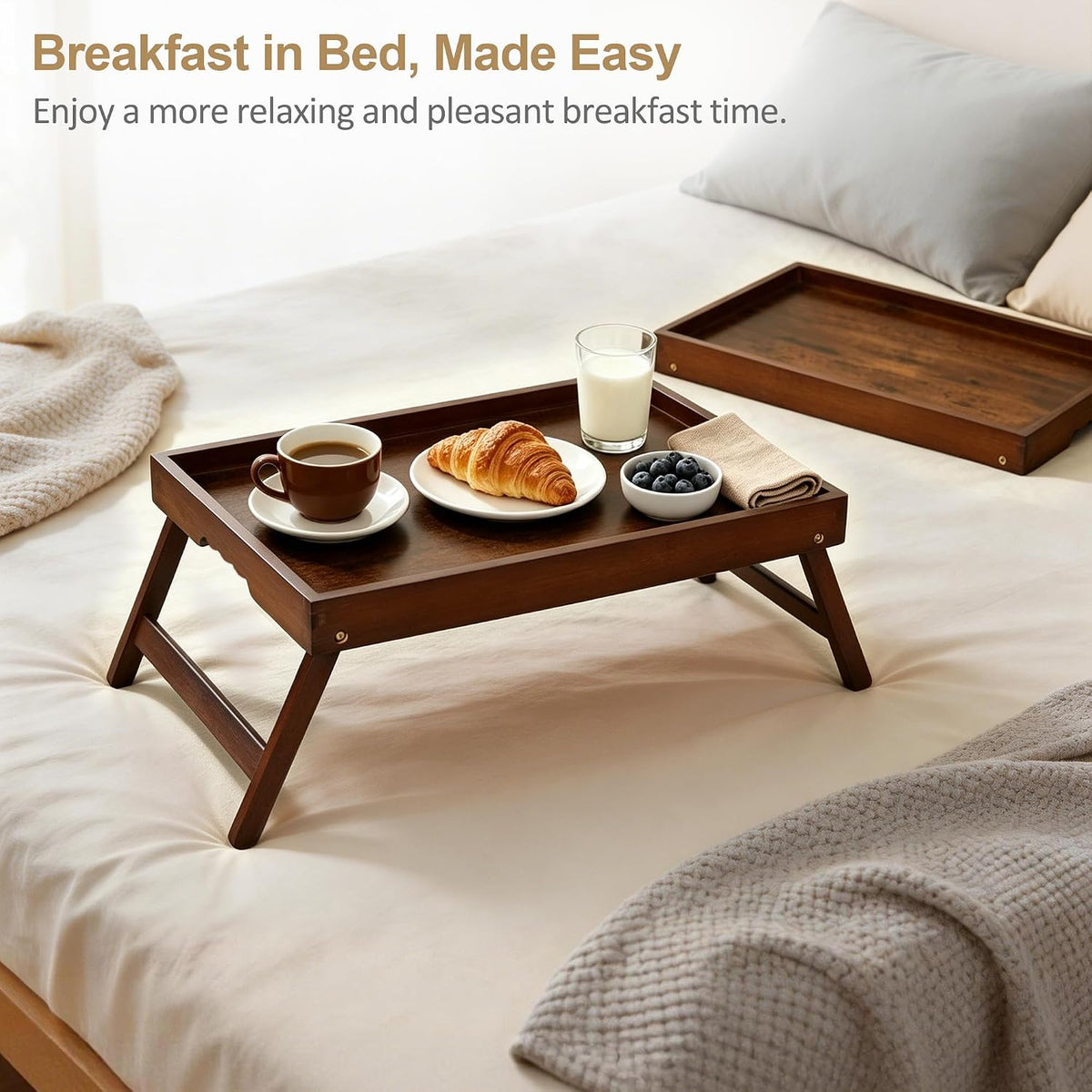 bamboo breakfast trays with folding legs, medium, 2-pack shown in use