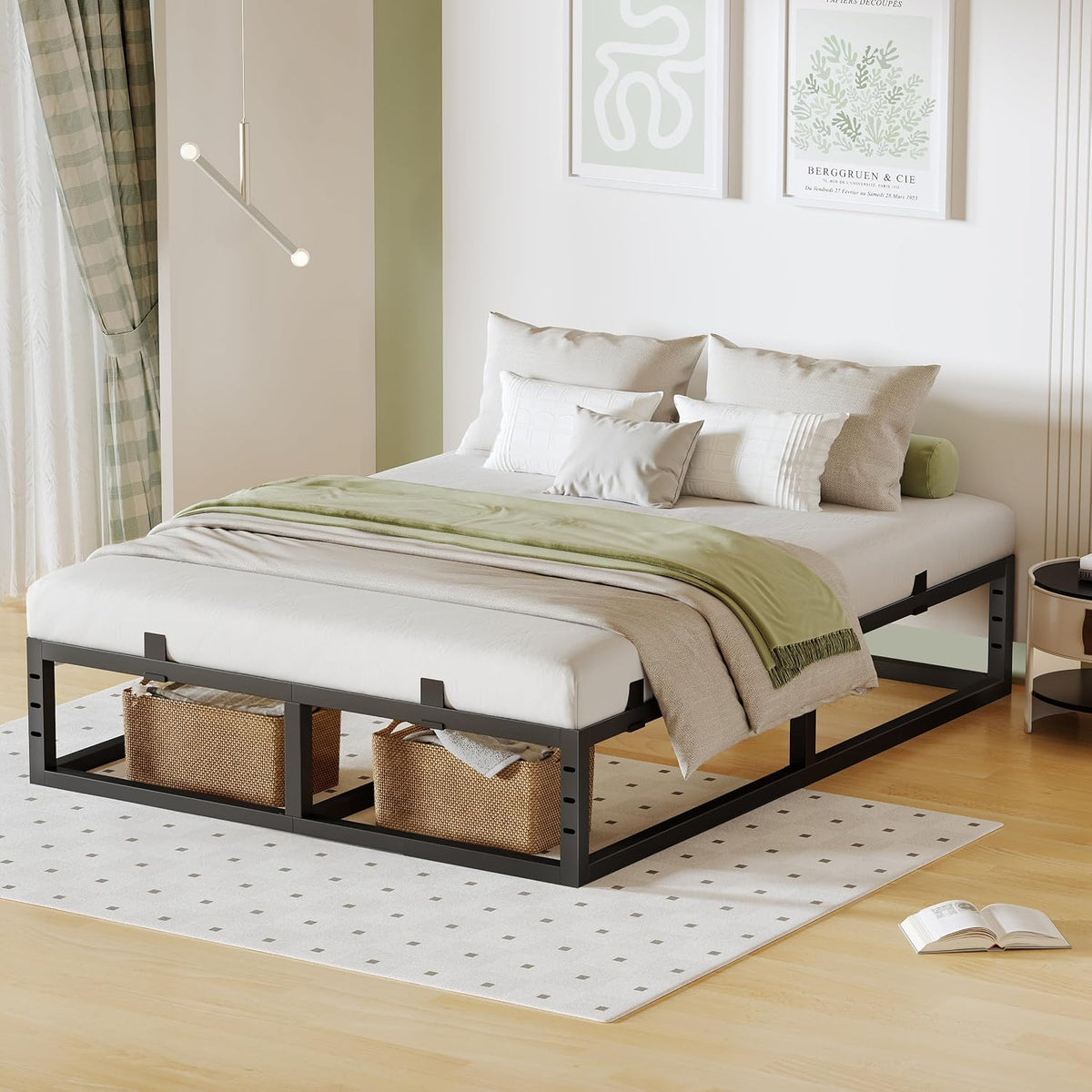 14 inch kind size bed frame,metal platform upgrade, front angle view