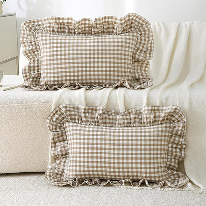 Aryeleay 2 Pack Taupe White Plaid Ruffle Throw Pillow Covers, 100% Cotton - Image 6