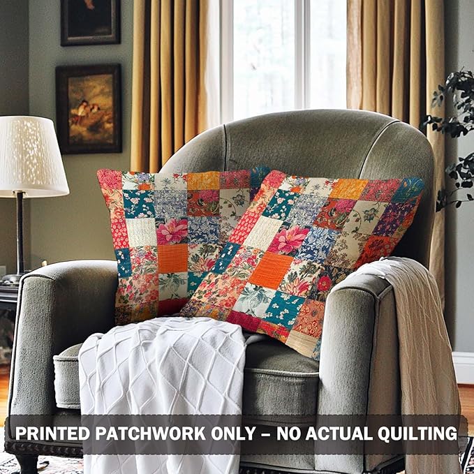 Printed Floral Patchwork Throw Pillow Covers 18x18 Set of 2 | Vintage - Image 2