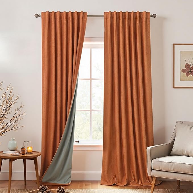KOUFALL Bohemian Curtains for Dining Room, Burnt Orange Linen Boho Farmhouse by KOUFALL