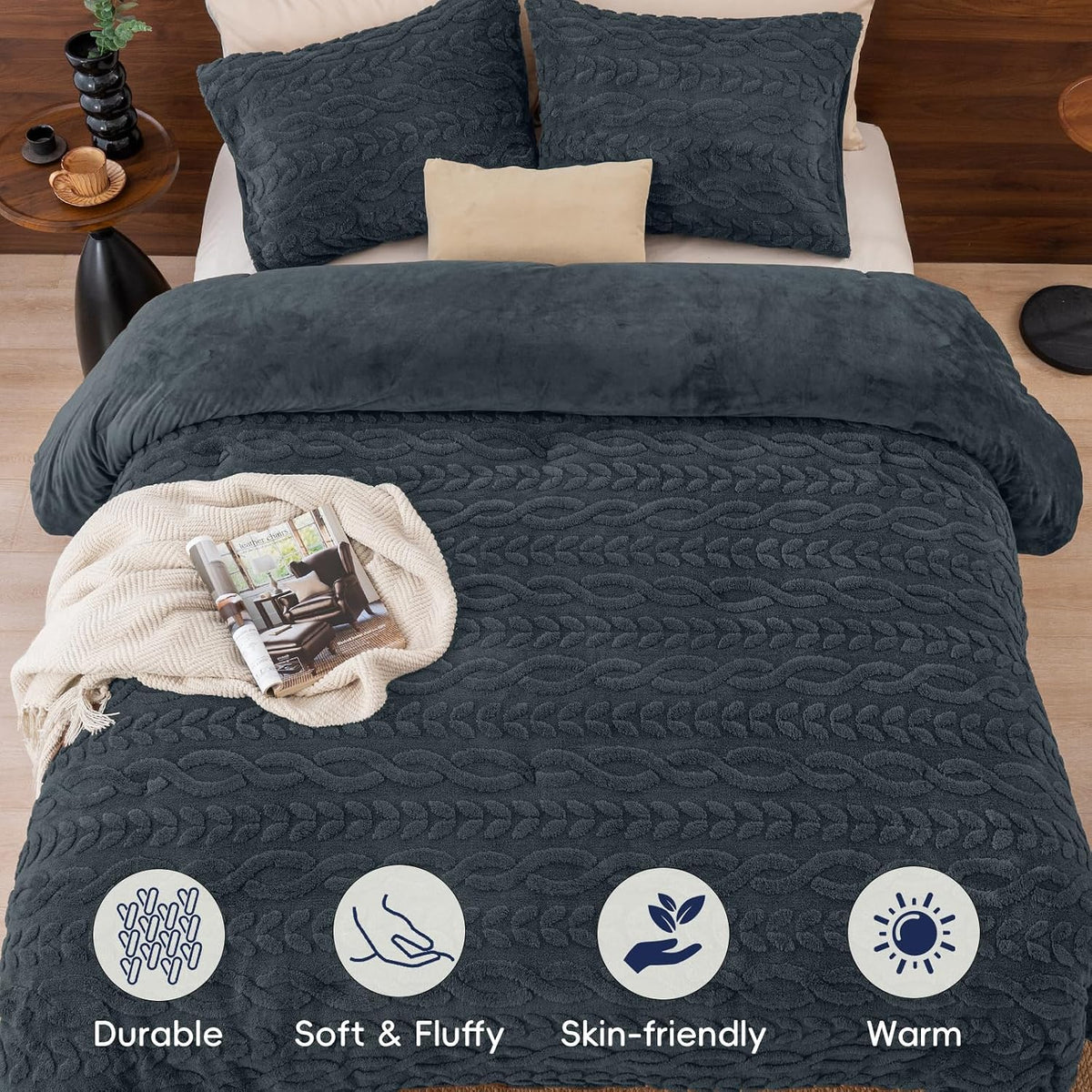 phf fluffy sherpa fleece queen comforter set, 3 showing dimensions