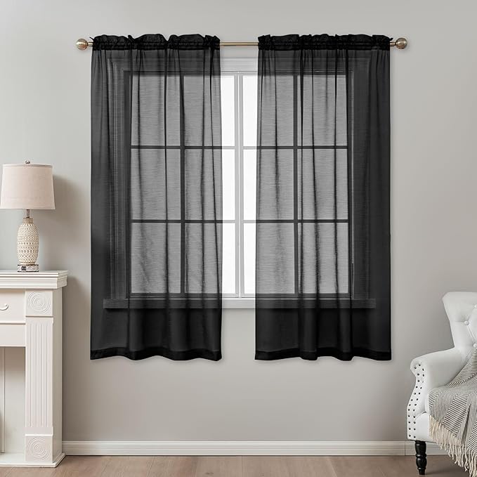 Black Sheer Curtains 63 Inch Length, Privacy Semi Sheer Curtains - Image 2