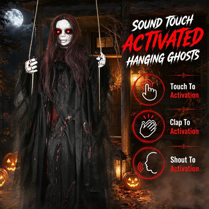 59" Scary Hanging Ghost Girl Halloween Decoration – Sound & Touch Activated Swinging Doll with Red Eyes & Creepy Sounds, Outdoor/Indoor Decor for Haunted House, Graveyard, Yard & Party
