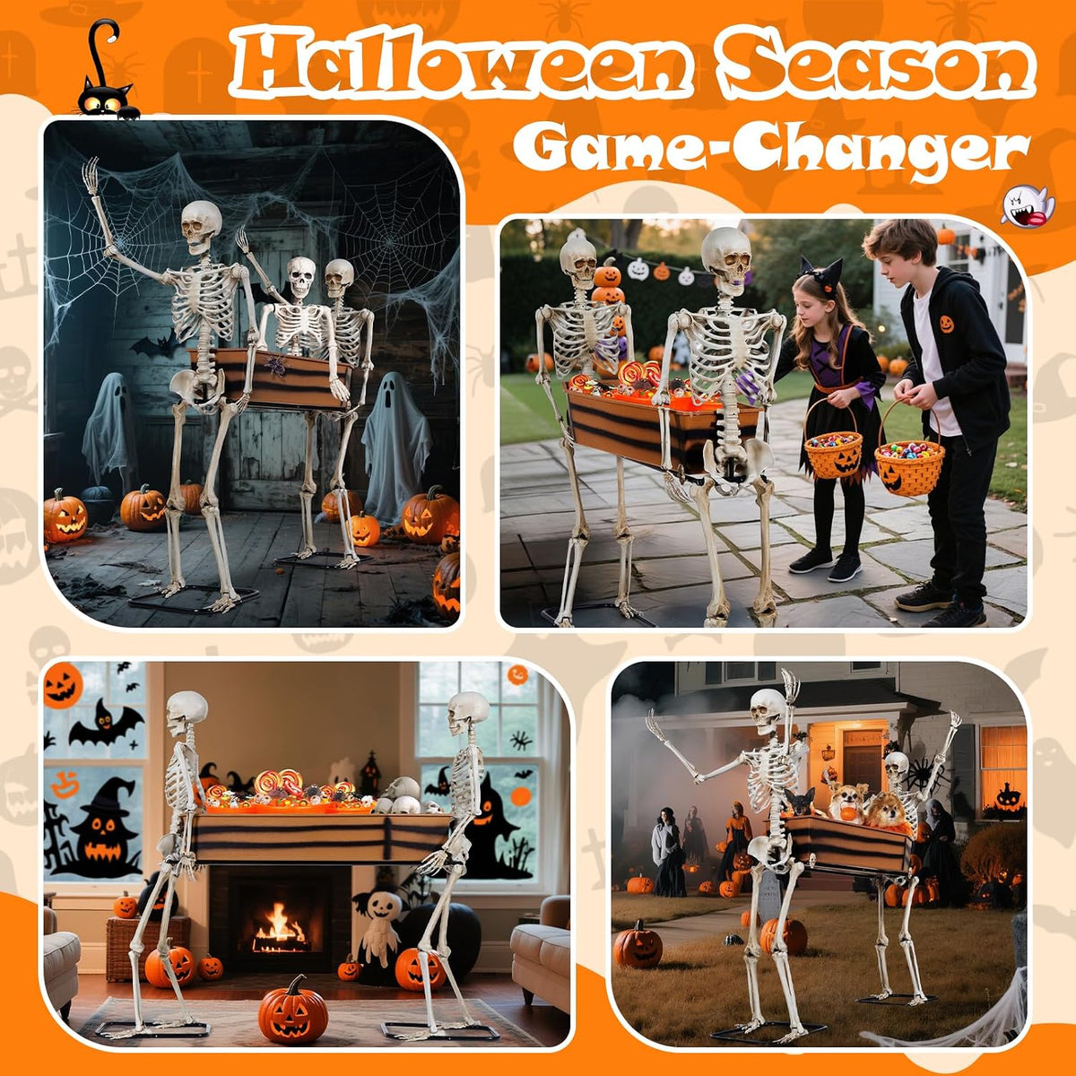 Quntis Halloween Skeleton Outdoor Decorations - 5ft Posable Skeletons Carrying Coffin - Life Size Undead Pallbearers Drink Cooler - Spooky Graveyard Haunted Houses Halloween Party Display Prop