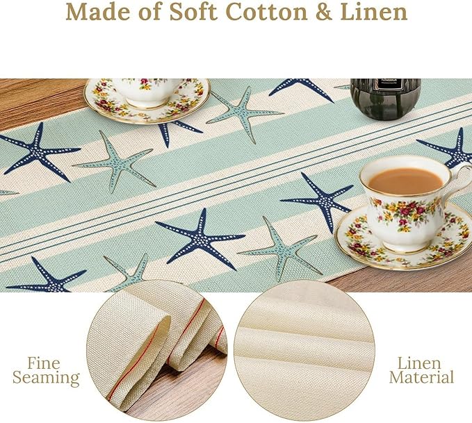 Blue Nautical Starfish Table Runner, Coastal Stripe Dark Blue Table Runner - Image 5