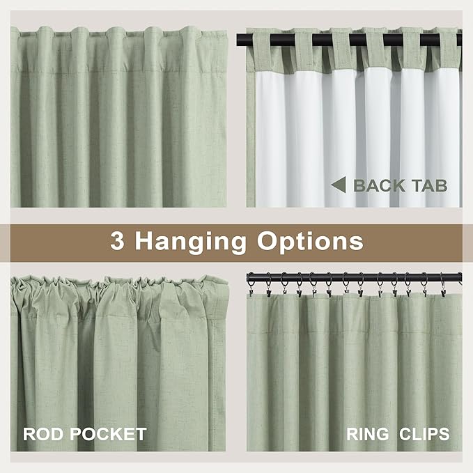 Sage Green Linen Curtains 108 Inches Long 2 Panel Set 100% Blackout Insulated - Image 6
