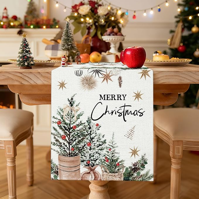 OTOSTAR Xmas Trees Holly Pine Cone Merry Christmas Table Runner, Xmas Seasonal - Image 2