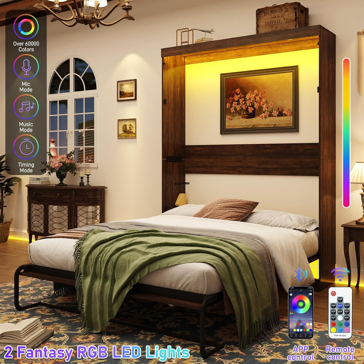 hlivelood queen size murphy bed with 2 led showing dimensions