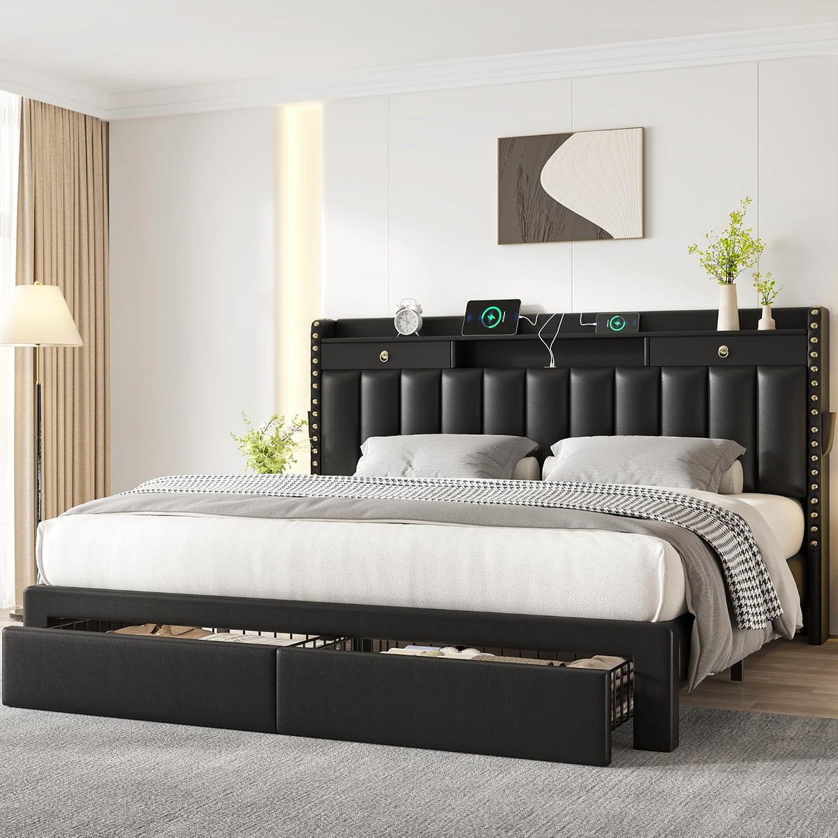 cypbed queen bed frame with 2-tier storage headboard, close-up detail