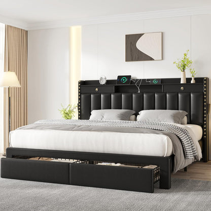 cypbed queen bed frame with 2-tier storage headboard, close-up detail