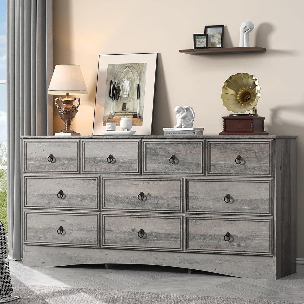 VVFLU 63”W Dressers for Bedroom, Grey Dresser with 10 Deep Drawer, Long Dress...