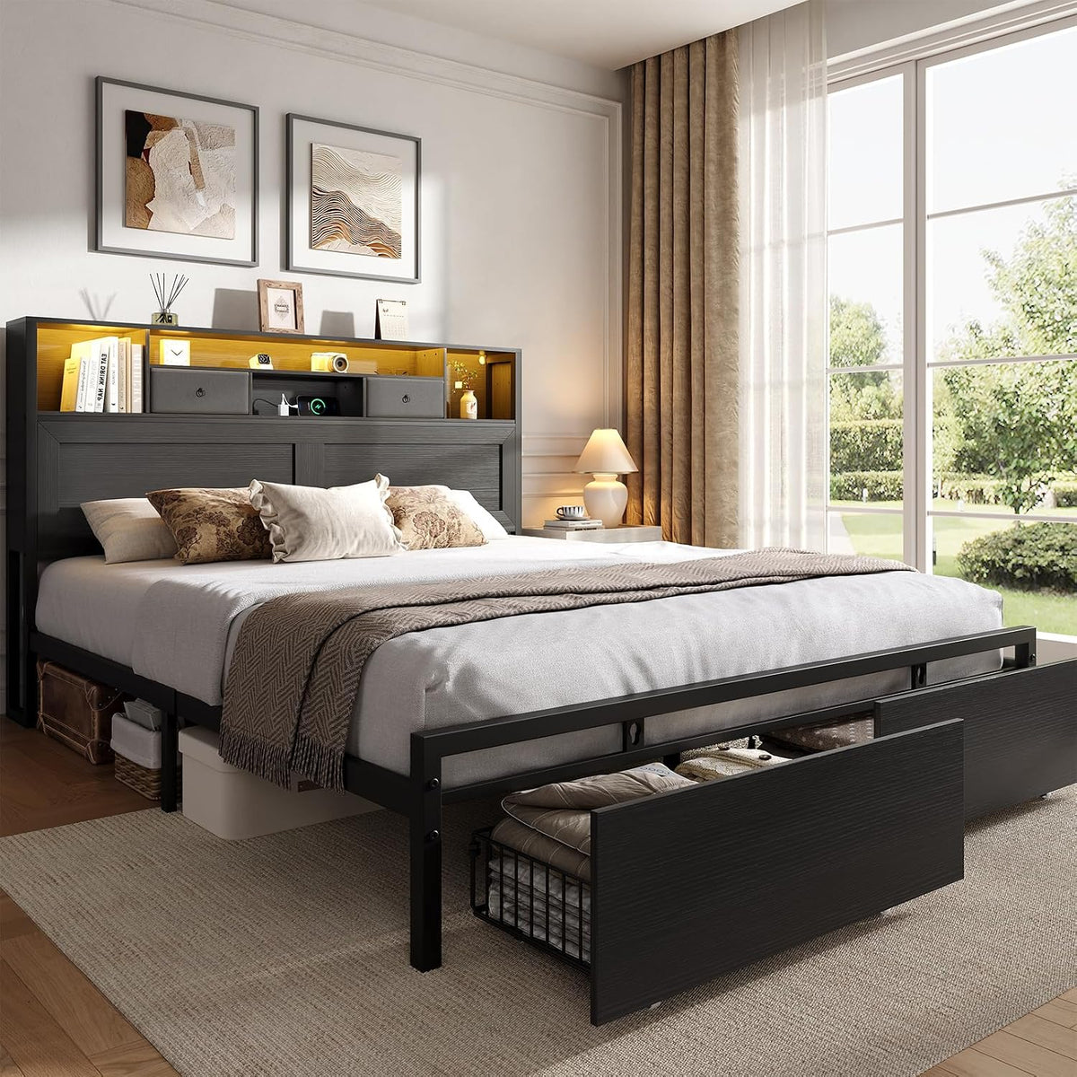 queen bed frame with storage headboard, platform bed, main product view