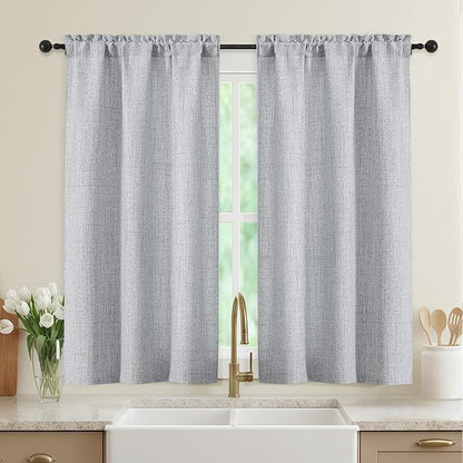 Grey Kitchen Curtains 45 Inch Length 2 Panels, Light Filtering Faux Linen by WelvetBLK